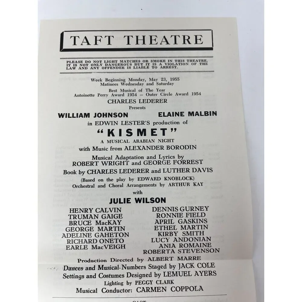 1955 Kismet Playbill and Program Taft Theatre‎ Edwin Lester Julie Wilson
